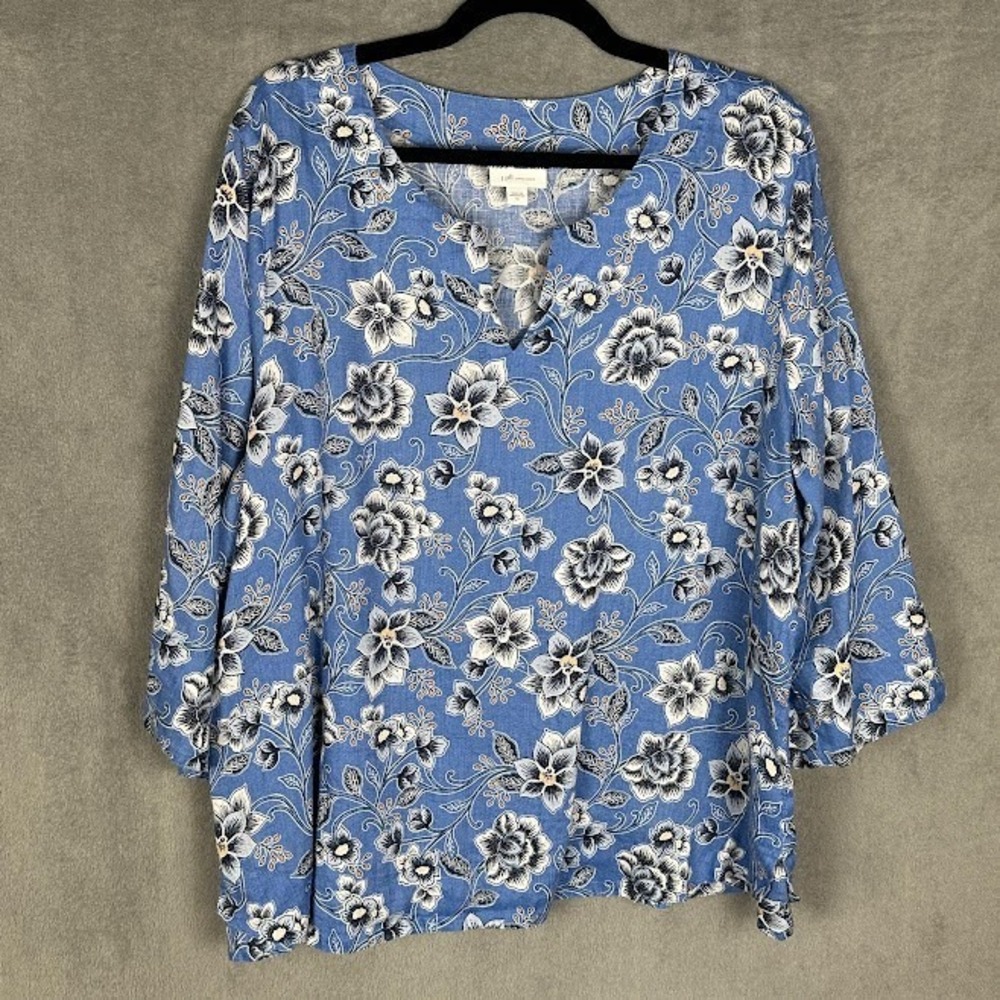 J Jill Love Linen Top Womens Extra Large Blue Floral Preppy Resort Lagenlook